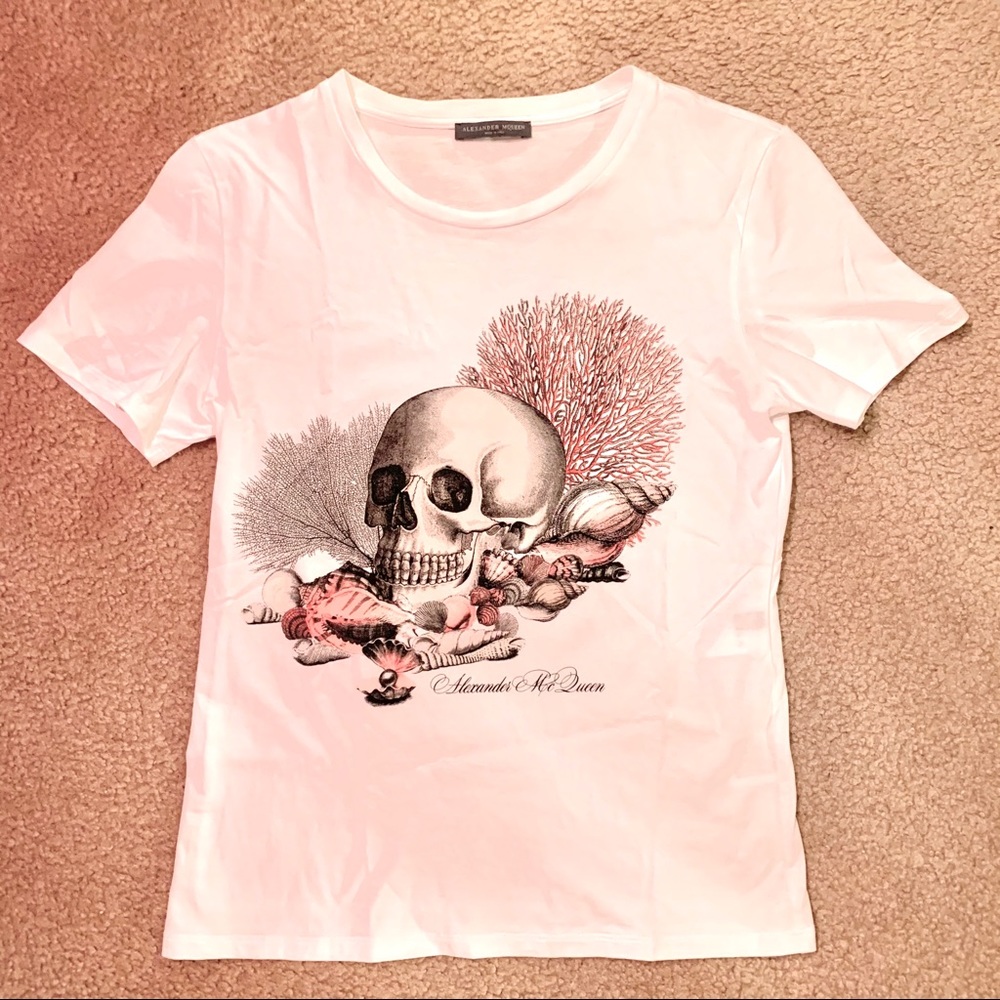 Alexander McQueen White Skull & Coral Graphic Short Sleeve Tee
